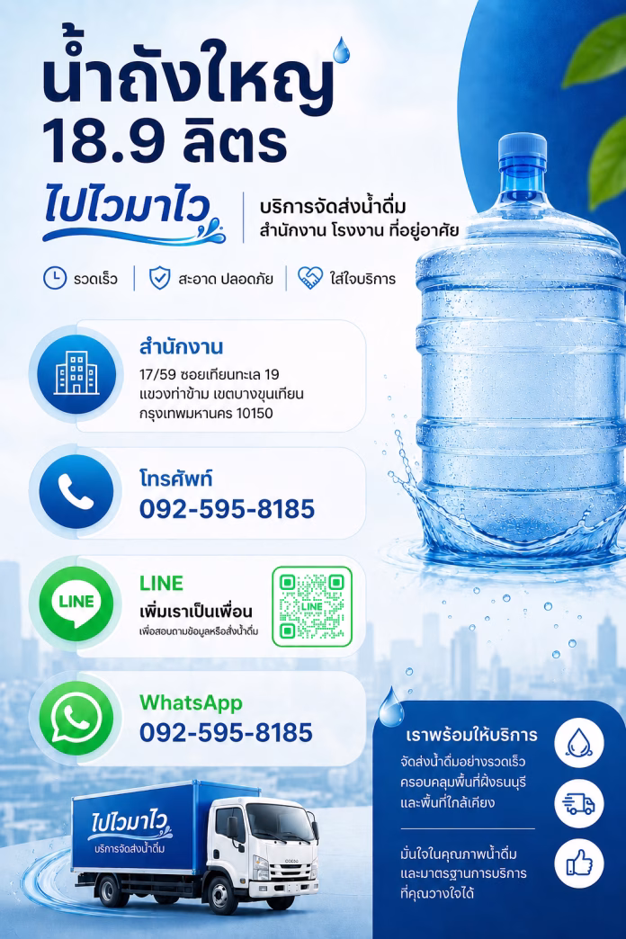 ส่งน้ำดื่ม 18.9 ลิตร สำนักงาน โรงงาน ที่อยู่อาศัย ไปไวมาไว ไปไวมาไว ส่งน้ำดื่มถัง 18.9 ลิตร